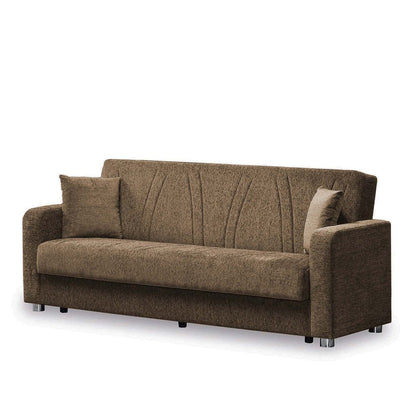 87" Beige Chenille Convertible Futon Sleeper Sofa And Toss Pillows With Storage