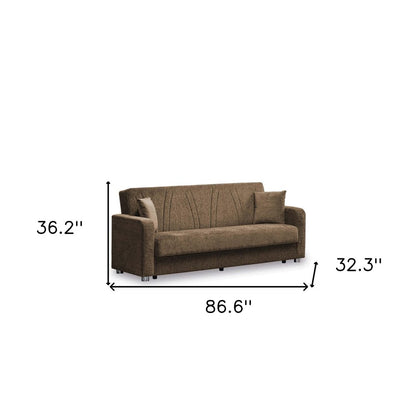 87" Beige Chenille Convertible Futon Sleeper Sofa And Toss Pillows With Storage