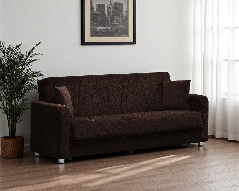 87" Dark Brown Chenille Convertible Futon Sleeper Sofa And Toss Pillows With Storage