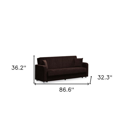 87" Dark Brown Chenille Convertible Futon Sleeper Sofa And Toss Pillows With Storage