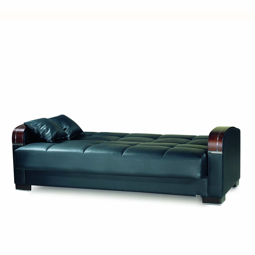 87" Black Faux Leather Convertible Futon Sleeper Sofa And Toss Pillows With Storage