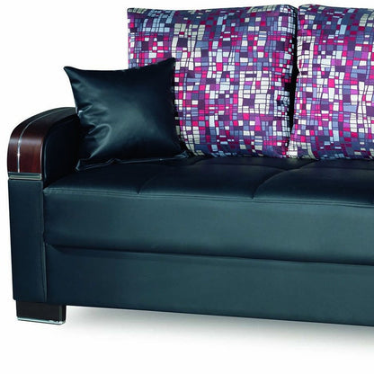 87" Black Faux Leather Convertible Futon Sleeper Sofa And Toss Pillows With Storage