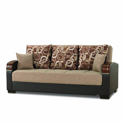87" Brown Polyester Convertible Futon Sleeper Sofa And Toss Pillows With Storage