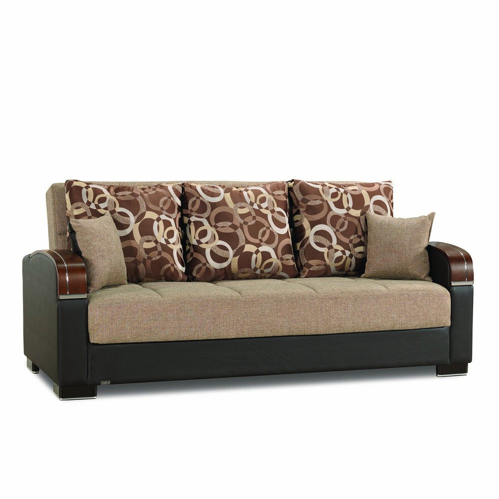 87" Brown Polyester Convertible Futon Sleeper Sofa And Toss Pillows With Storage