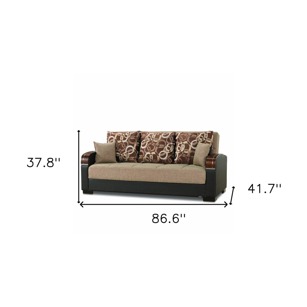 87" Brown Polyester Convertible Futon Sleeper Sofa And Toss Pillows With Storage