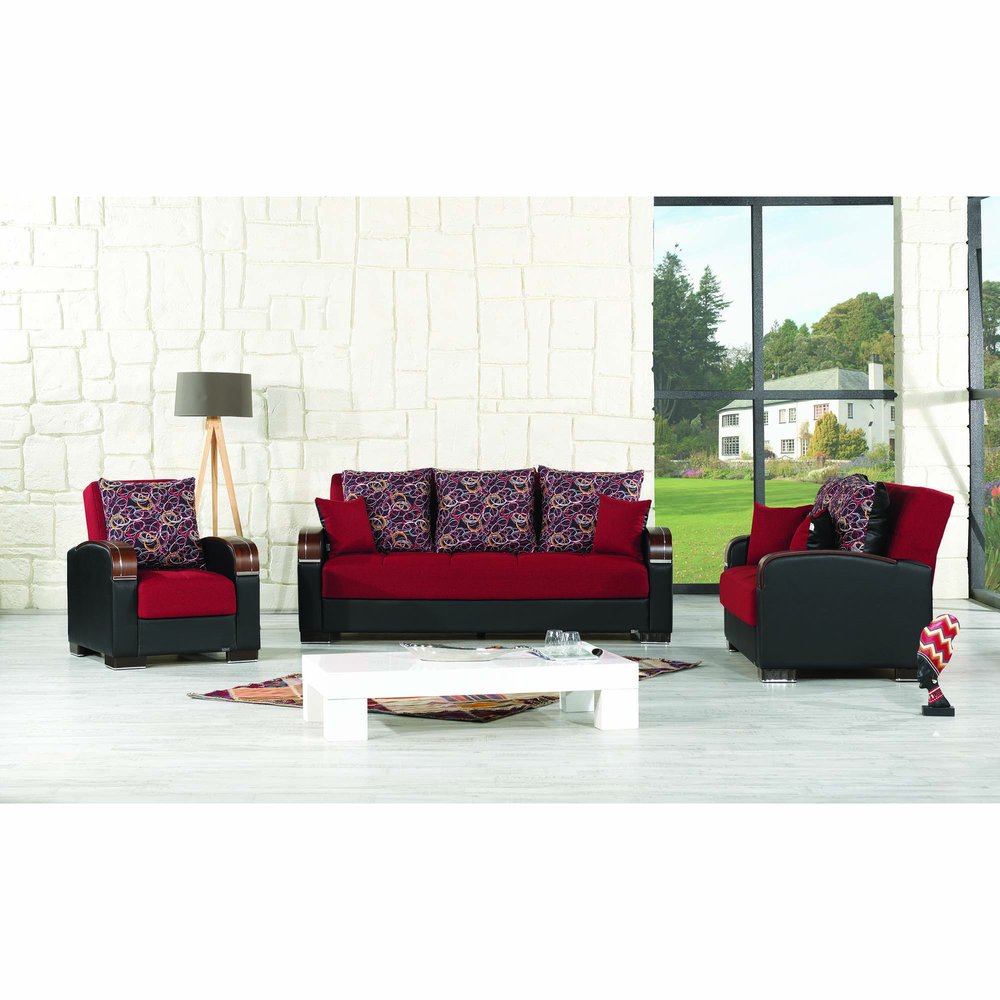 87" Red Polyester Convertible Futon Sleeper Sofa And Toss Pillows With Storage