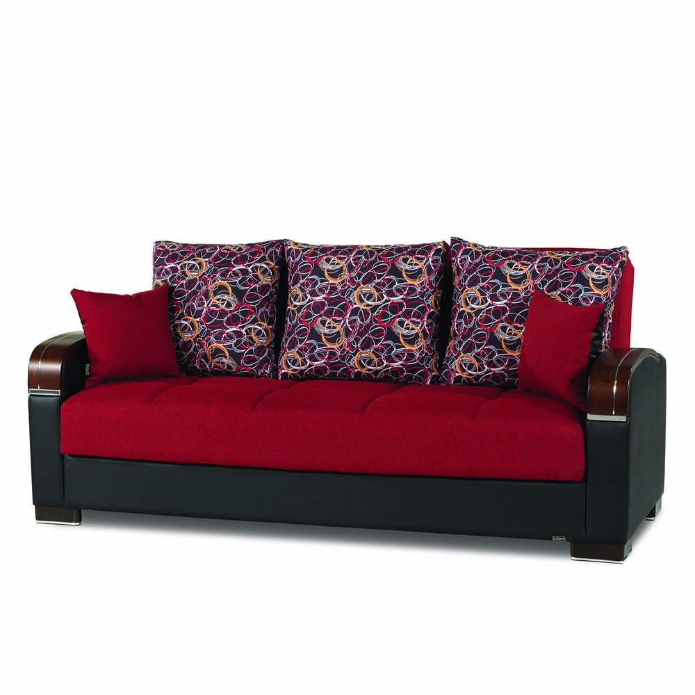 87" Red Polyester Convertible Futon Sleeper Sofa And Toss Pillows With Storage