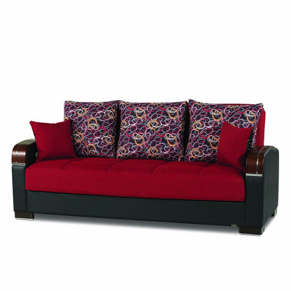 87" Red Polyester Convertible Futon Sleeper Sofa And Toss Pillows With Storage