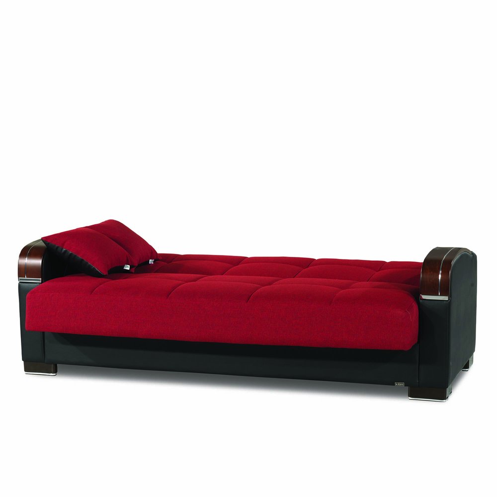 87" Red Polyester Convertible Futon Sleeper Sofa And Toss Pillows With Storage