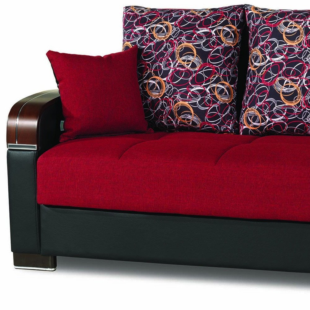 87" Red Polyester Convertible Futon Sleeper Sofa And Toss Pillows With Storage