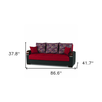 87" Red Polyester Convertible Futon Sleeper Sofa And Toss Pillows With Storage
