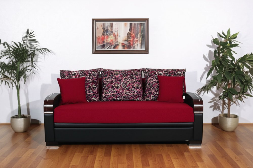 87" Red Polyester Convertible Futon Sleeper Sofa And Toss Pillows With Storage