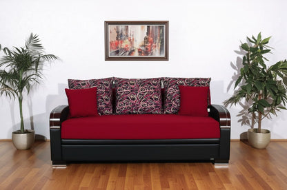 87" Red Polyester Convertible Futon Sleeper Sofa And Toss Pillows With Storage