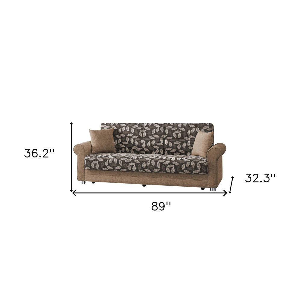 89" Beige Chenille Convertible Futon Sleeper Sofa And Toss Pillows With Storage