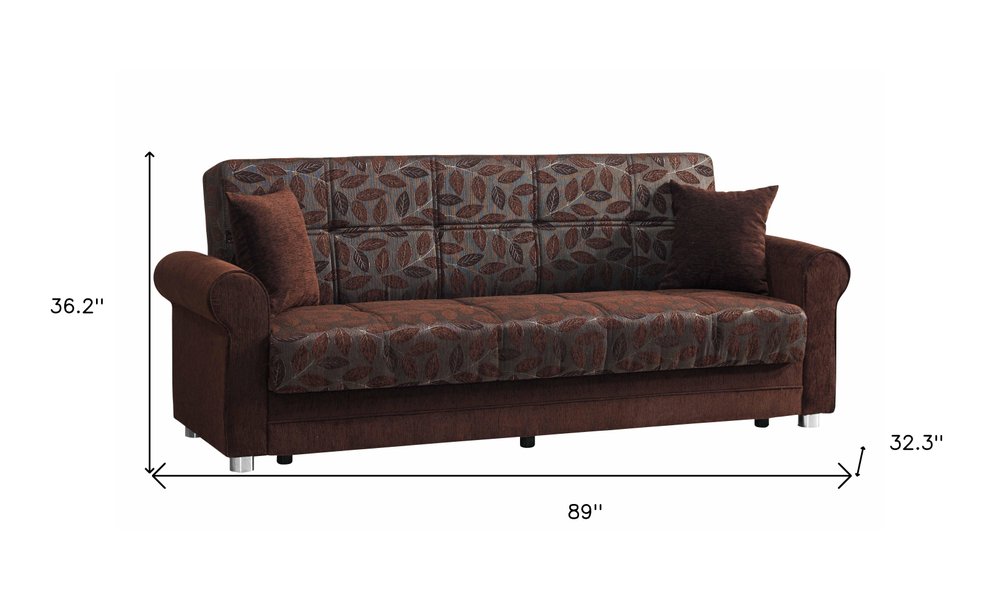 89" Dark Brown Chenille Convertible Futon Sleeper Sofa And Toss Pillows With Storage