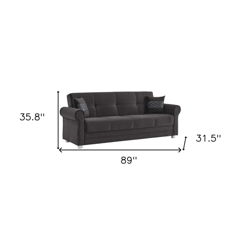 89" Black Microfiber Convertible Futon Sleeper Sofa And Toss Pillows With Storage