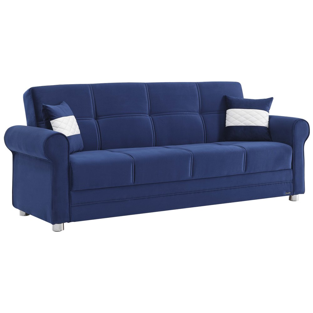 89" Blue Microfiber Convertible Futon Sleeper Sofa And Toss Pillows With Storage