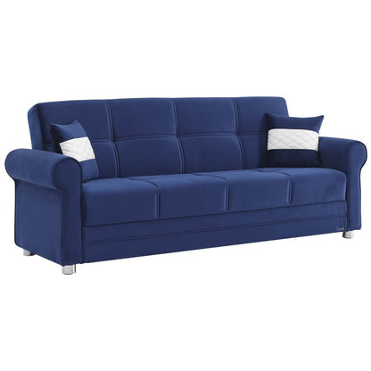 89" Blue Microfiber Convertible Futon Sleeper Sofa And Toss Pillows With Storage
