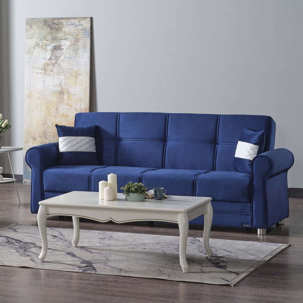 89" Blue Microfiber Convertible Futon Sleeper Sofa And Toss Pillows With Storage