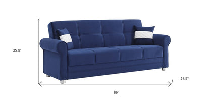 89" Blue Microfiber Convertible Futon Sleeper Sofa And Toss Pillows With Storage