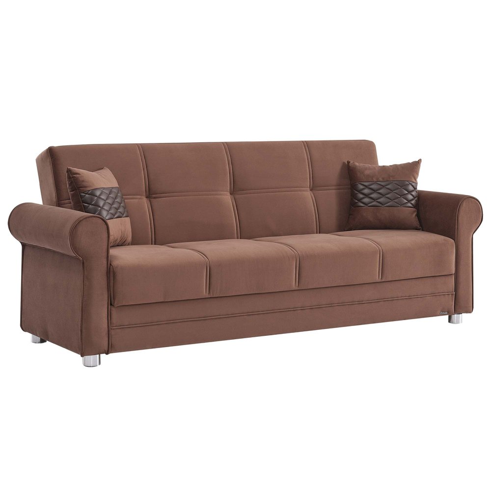 89" Brown Microfiber Convertible Futon Sleeper Sofa And Toss Pillows With Storage