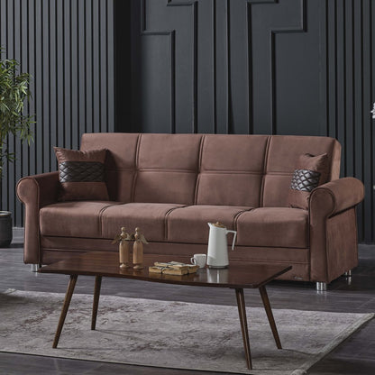 89" Brown Microfiber Convertible Futon Sleeper Sofa And Toss Pillows With Storage