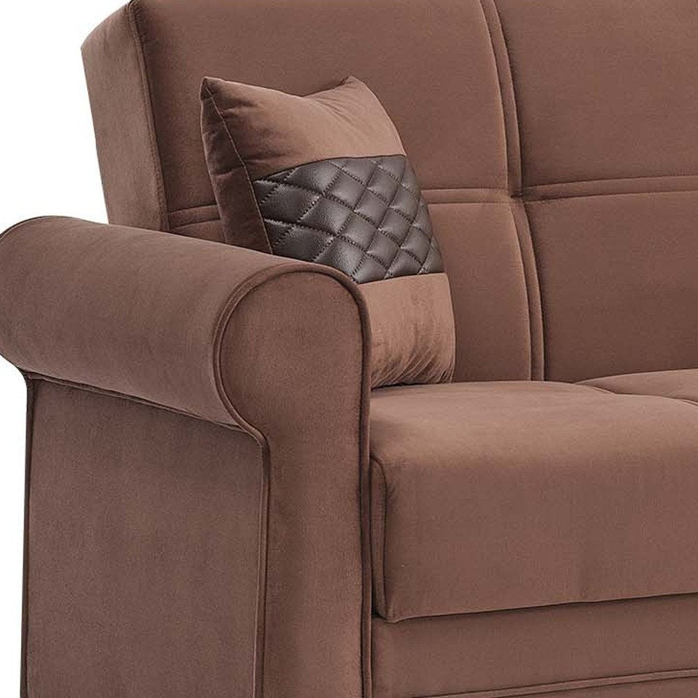 89" Brown Microfiber Convertible Futon Sleeper Sofa And Toss Pillows With Storage