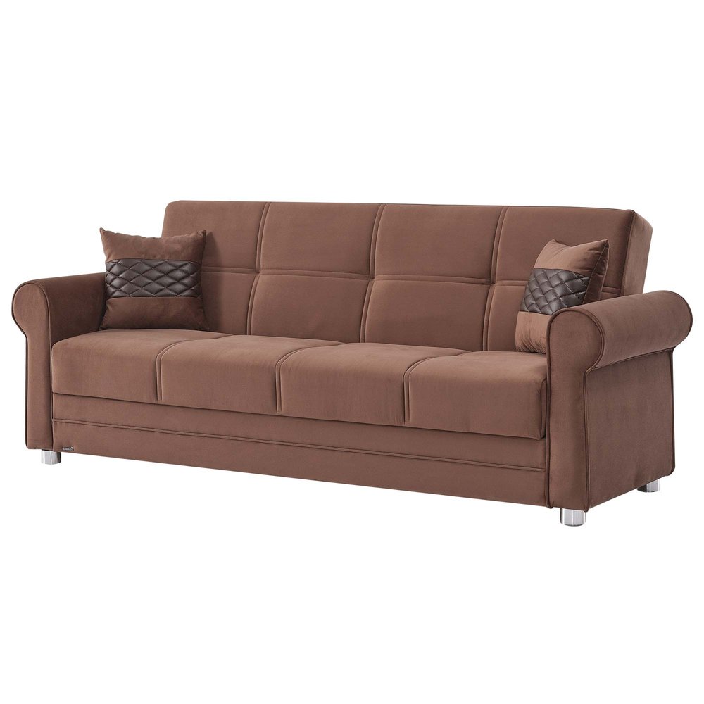89" Brown Microfiber Convertible Futon Sleeper Sofa And Toss Pillows With Storage