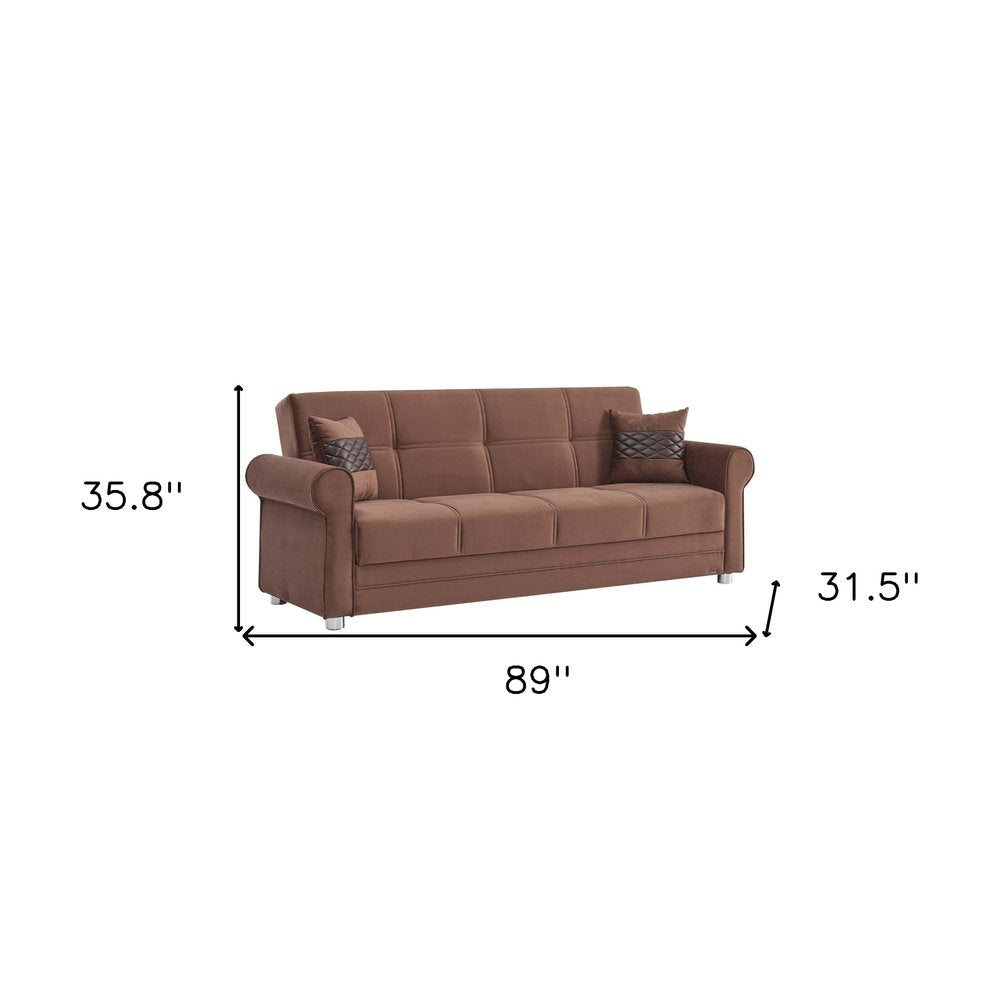 89" Brown Microfiber Convertible Futon Sleeper Sofa And Toss Pillows With Storage
