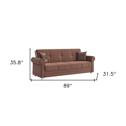 89" Brown Microfiber Convertible Futon Sleeper Sofa And Toss Pillows With Storage