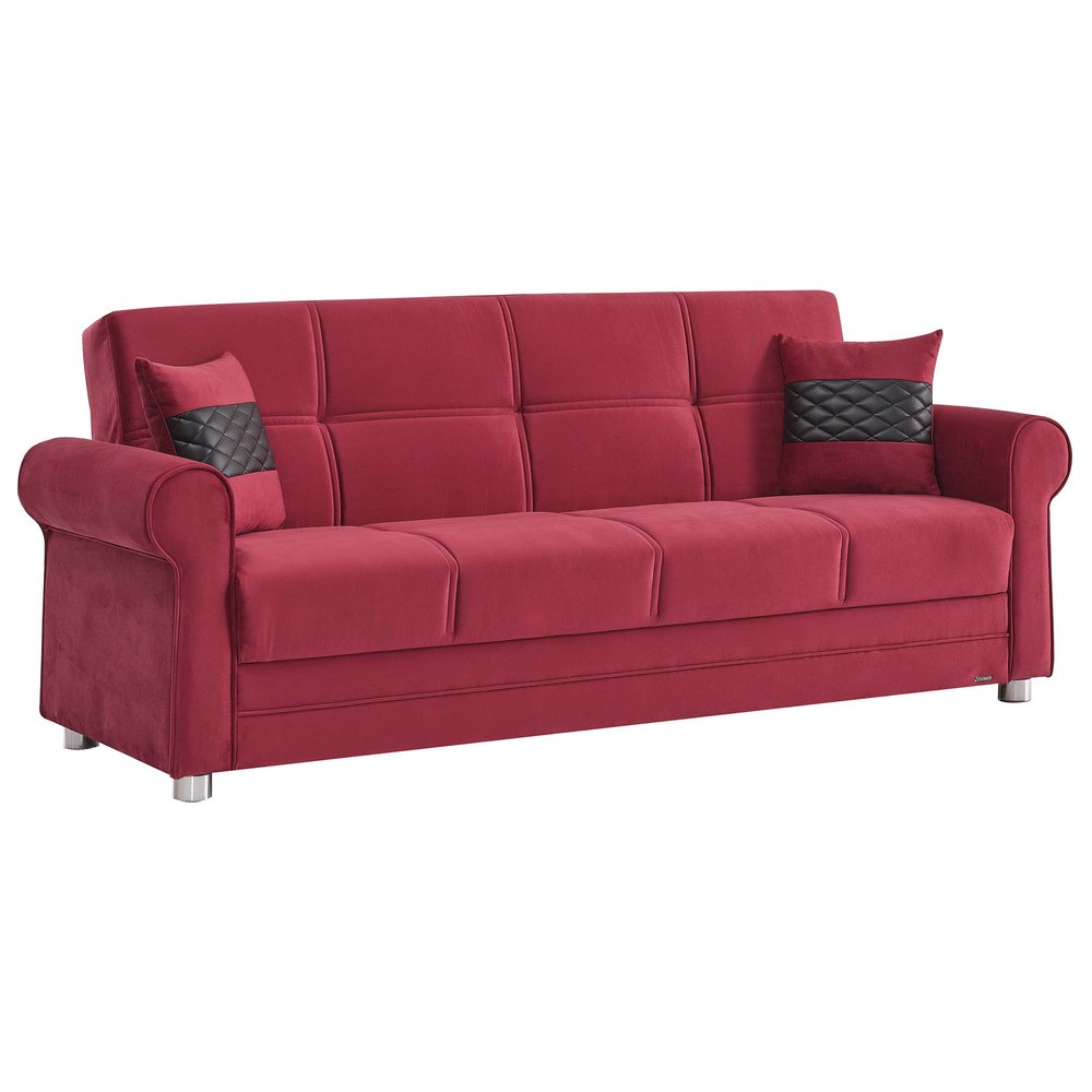 89" Burgundy Microfiber Convertible Futon Sleeper Sofa And Toss Pillows With Storage