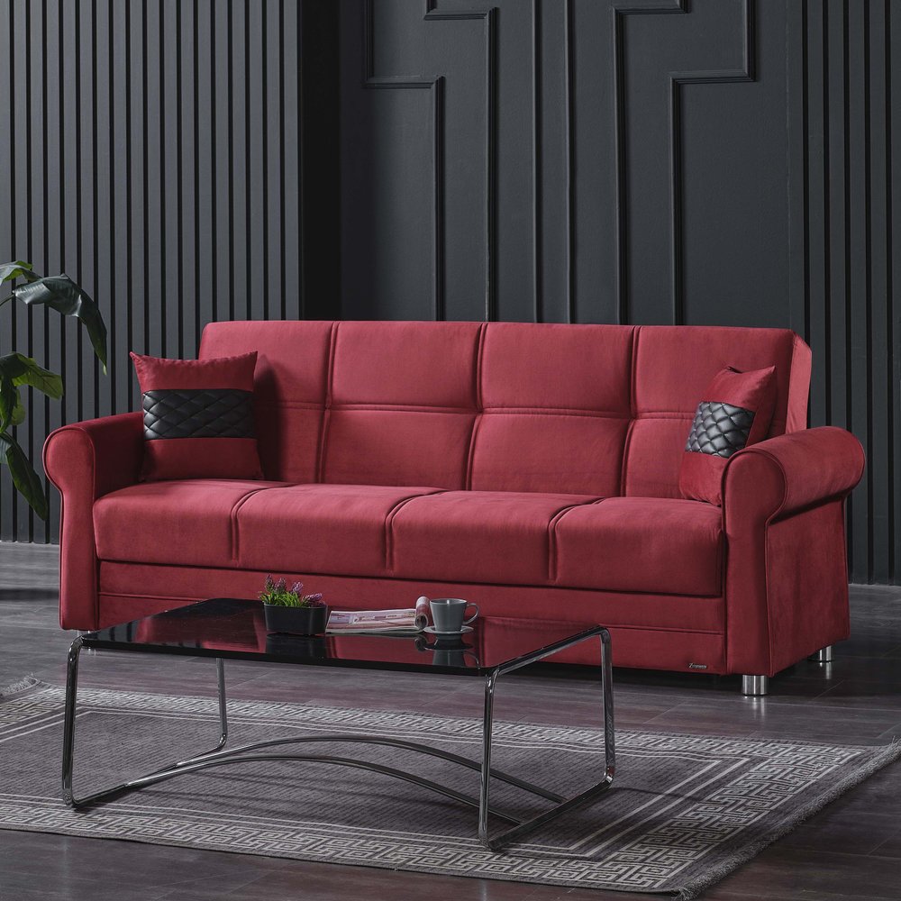 89" Burgundy Microfiber Convertible Futon Sleeper Sofa And Toss Pillows With Storage