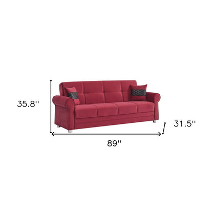 89" Burgundy Microfiber Convertible Futon Sleeper Sofa And Toss Pillows With Storage