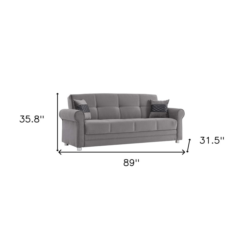 89" Gray Microfiber Convertible Futon Sleeper Sofa And Toss Pillows With Storage