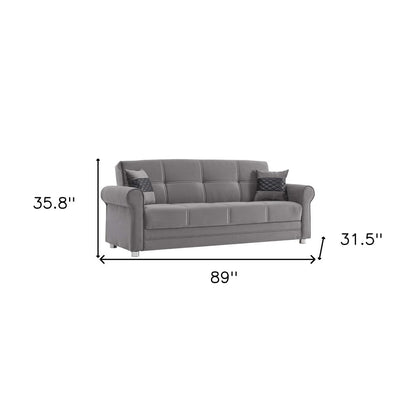 89" Gray Microfiber Convertible Futon Sleeper Sofa And Toss Pillows With Storage