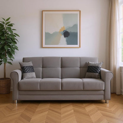 89" Gray Microfiber Convertible Futon Sleeper Sofa And Toss Pillows With Storage