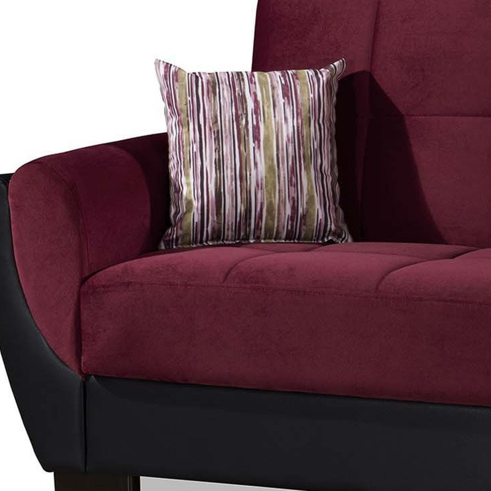 93" Burgundy Microfiber And Faux Leather Convertible Futon Sleeper Sofa And Toss Pillows With Storage