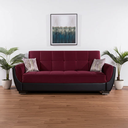93" Burgundy Microfiber And Faux Leather Convertible Futon Sleeper Sofa And Toss Pillows With Storage