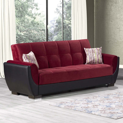 93" Burgundy Microfiber And Faux Leather Convertible Futon Sleeper Sofa And Toss Pillows With Storage