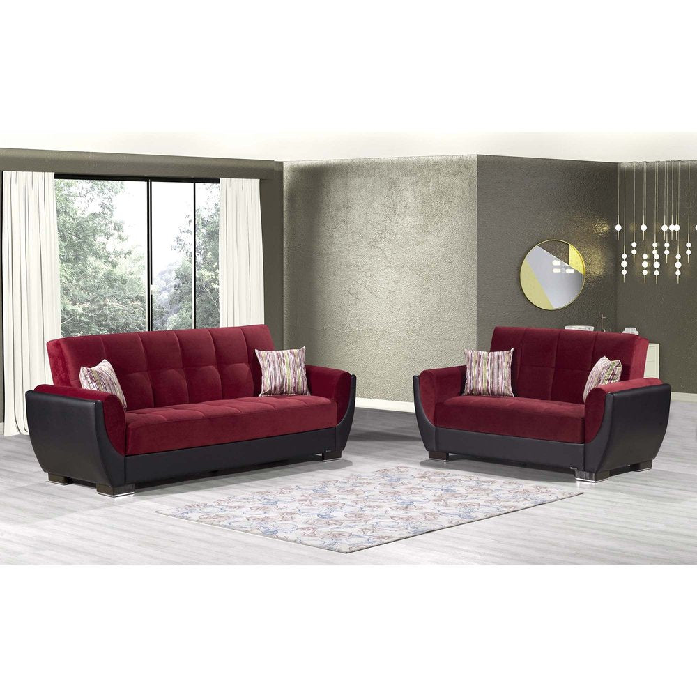 93" Burgundy Microfiber And Faux Leather Convertible Futon Sleeper Sofa And Toss Pillows With Storage