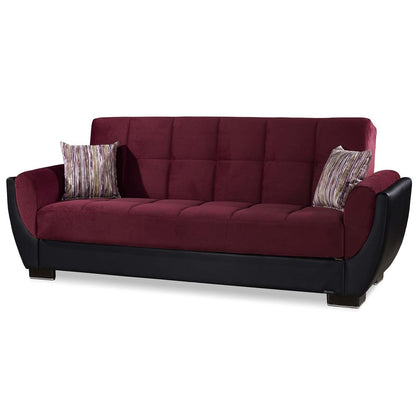 93" Burgundy Microfiber And Faux Leather Convertible Futon Sleeper Sofa And Toss Pillows With Storage