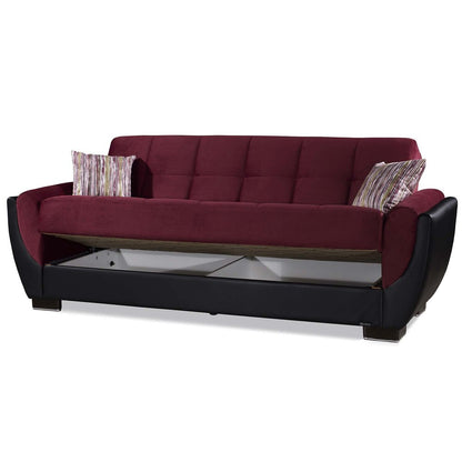 93" Burgundy Microfiber And Faux Leather Convertible Futon Sleeper Sofa And Toss Pillows With Storage
