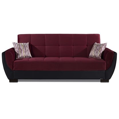 93" Burgundy Microfiber And Faux Leather Convertible Futon Sleeper Sofa And Toss Pillows With Storage