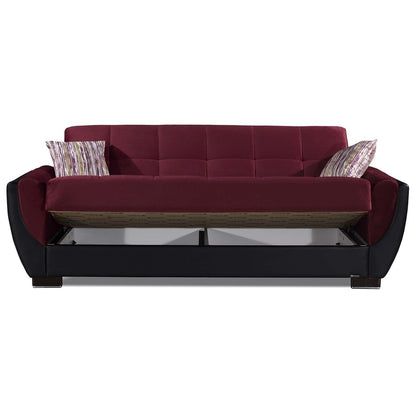93" Burgundy Microfiber And Faux Leather Convertible Futon Sleeper Sofa And Toss Pillows With Storage