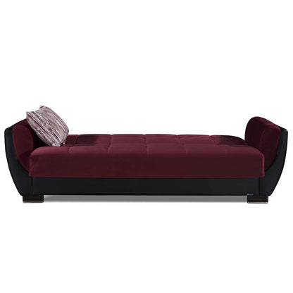 93" Burgundy Microfiber And Faux Leather Convertible Futon Sleeper Sofa And Toss Pillows With Storage