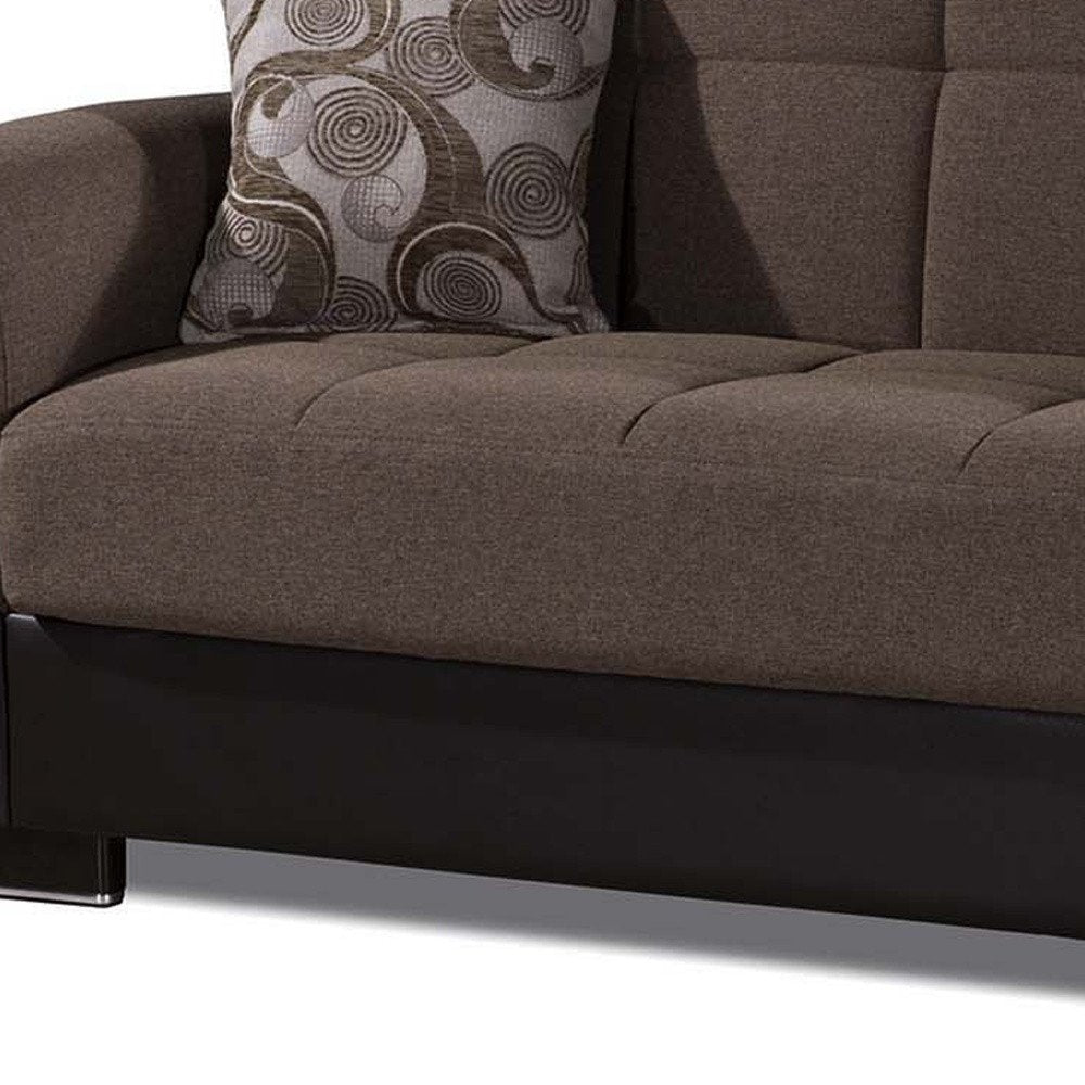 93" Brown Chenille And Faux Leather Convertible Futon Sleeper Sofa And Toss Pillows With Storage