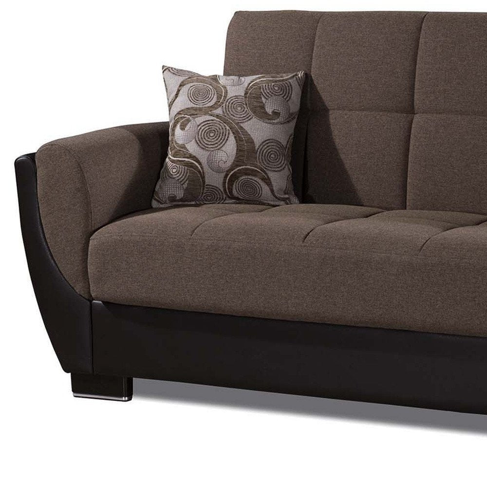 93" Brown Chenille And Faux Leather Convertible Futon Sleeper Sofa And Toss Pillows With Storage