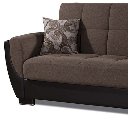 93" Brown Chenille And Faux Leather Convertible Futon Sleeper Sofa And Toss Pillows With Storage