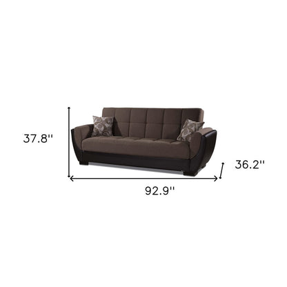 93" Brown Chenille And Faux Leather Convertible Futon Sleeper Sofa And Toss Pillows With Storage
