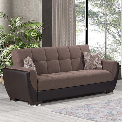 93" Brown Chenille And Faux Leather Convertible Futon Sleeper Sofa And Toss Pillows With Storage